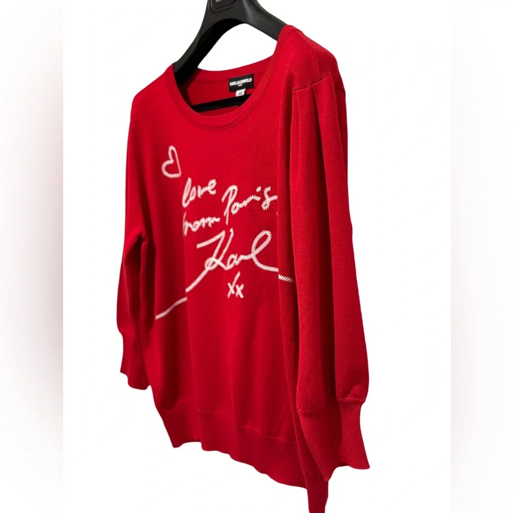 Karl Lagerfeld NWT Sz L Signature Karl Red White Embroidered Knit Sweater (0549) - Picture 2 of 11